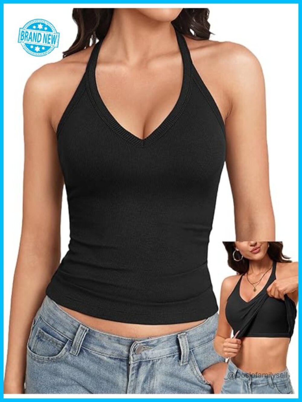Women V Neck Tank Top with Built In Bra Double Layered Front Removable Pads